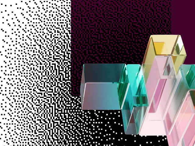Abstract glass block, magenta and halftone pattern illustration.