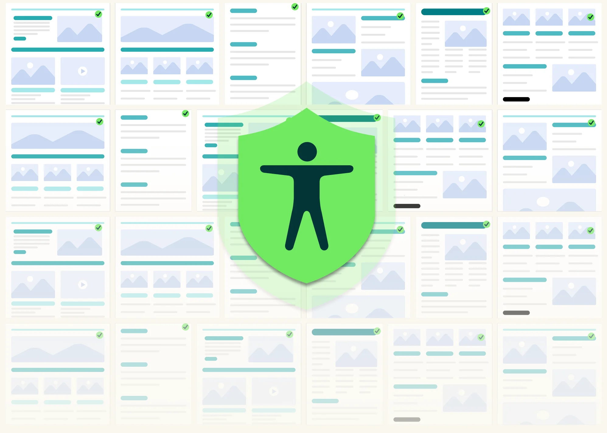 Grid of enterprise documents with accessibility verification checkmarks, centered on ClarityPDF's accessibility shield. Demonstrates how organizations create hundreds of WCAG-compliant PDFs and accessible digital content at scale while maintaining consistent accessibility standards across all documents.