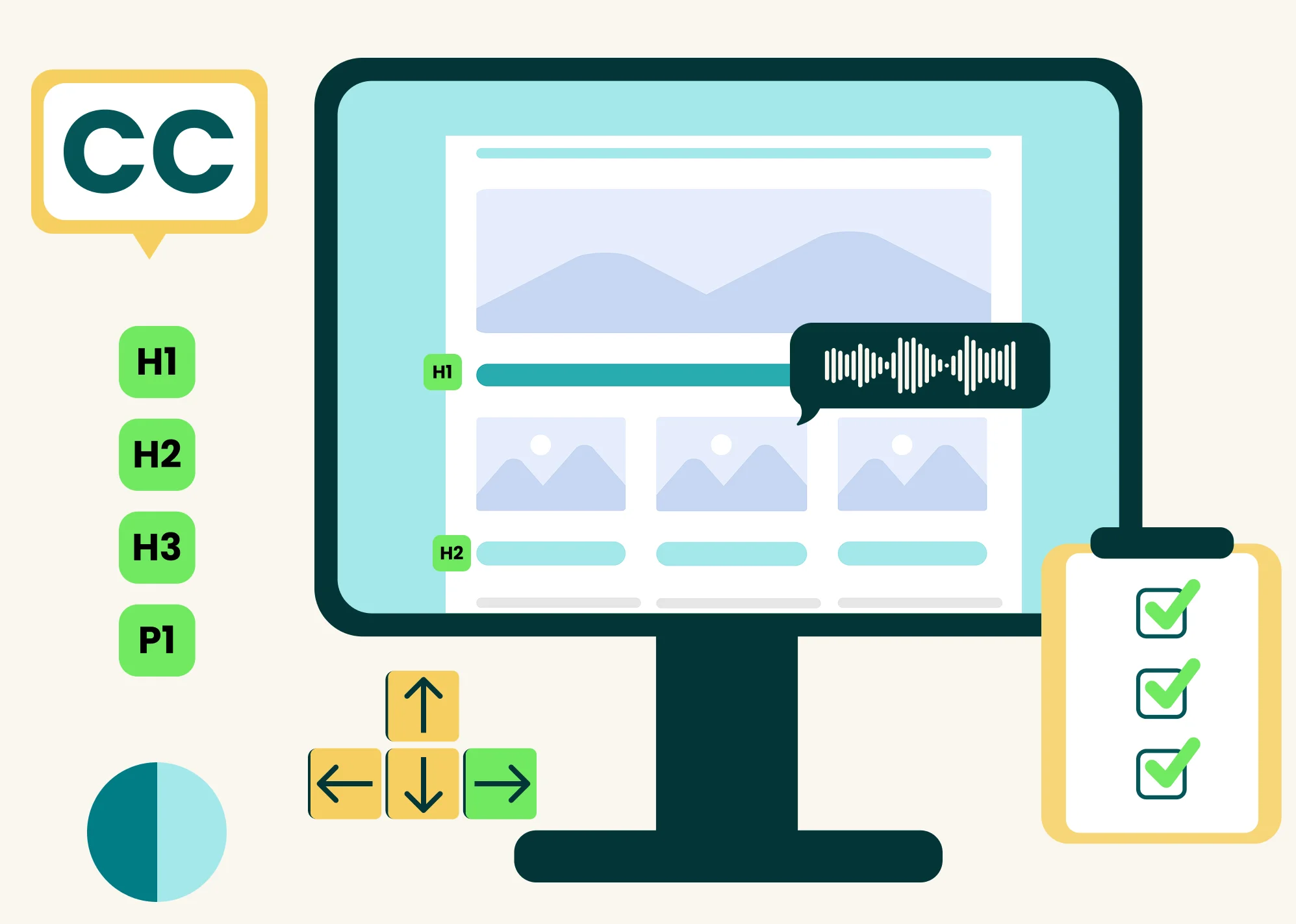 ClarityPDF Create interface showing built-in WCAG compliance features: proper heading hierarchy (H1, H2, H3), closed captioning support, keyboard navigation, screen reader compatibility, and automated accessibility checklist. Create WCAG 2.2 AA and PDF/UA compliant documents without manual tagging.